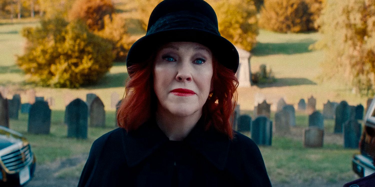 Catherine O'Hara as Delia Deetz at a funeral in Beetlejuice 2