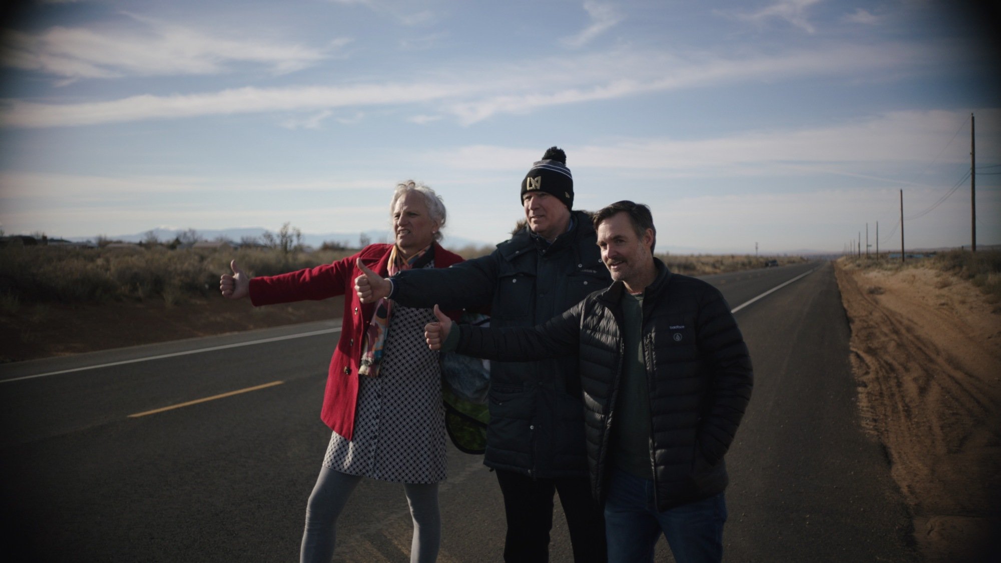 Harper Steele, Will Ferrell, and Will Forte hitchhike in 