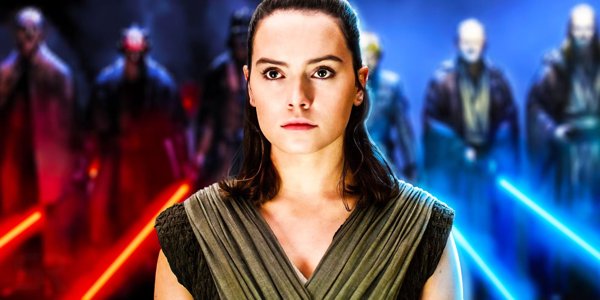 Custom image of Rey (Daisy Ridley) in front of a row of Sith Lords and Jedi Knights.