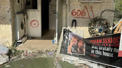 Oren Rosenfeld A faded poster displays victims of the Hamas 7 October attack in Kibbutz Kfar Aza outside of their former house