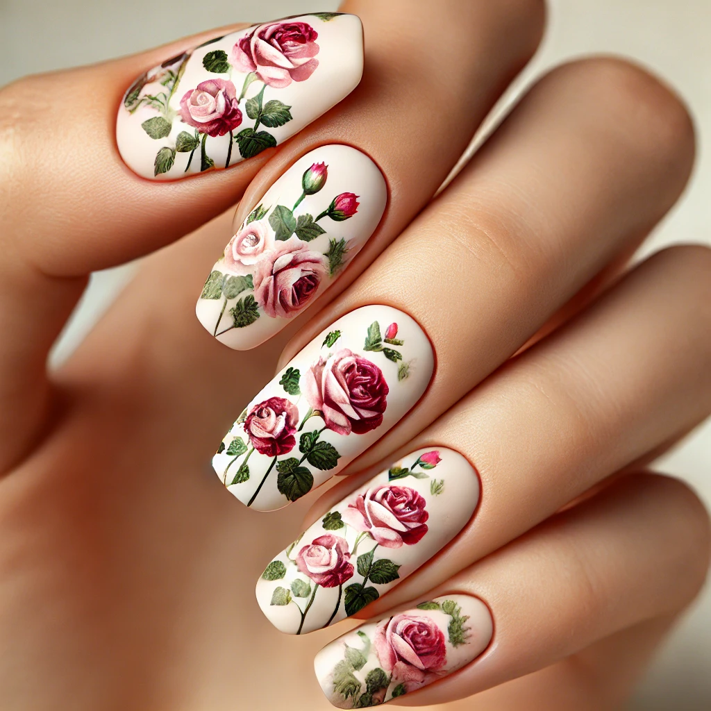 Short nude nails with delicate pink rose print