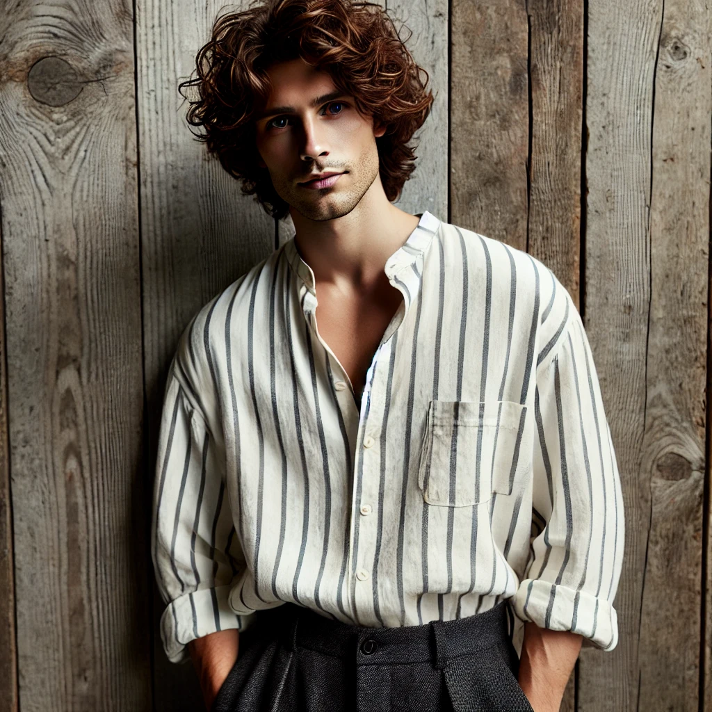 A man with medium-length curly hair, wearing a loose white striped button-up shirt and dark pants, standing against a wooden background.