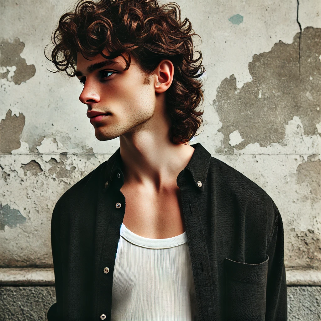 A young man with a curly mullet hairstyle, wearing a black button-up shirt over a white tank top, standing against a weathered concrete wall.