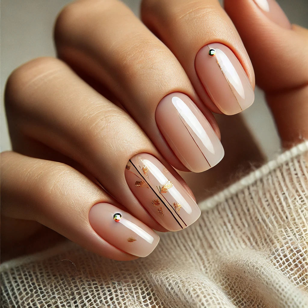 Nude short nails with gold-beaded tips