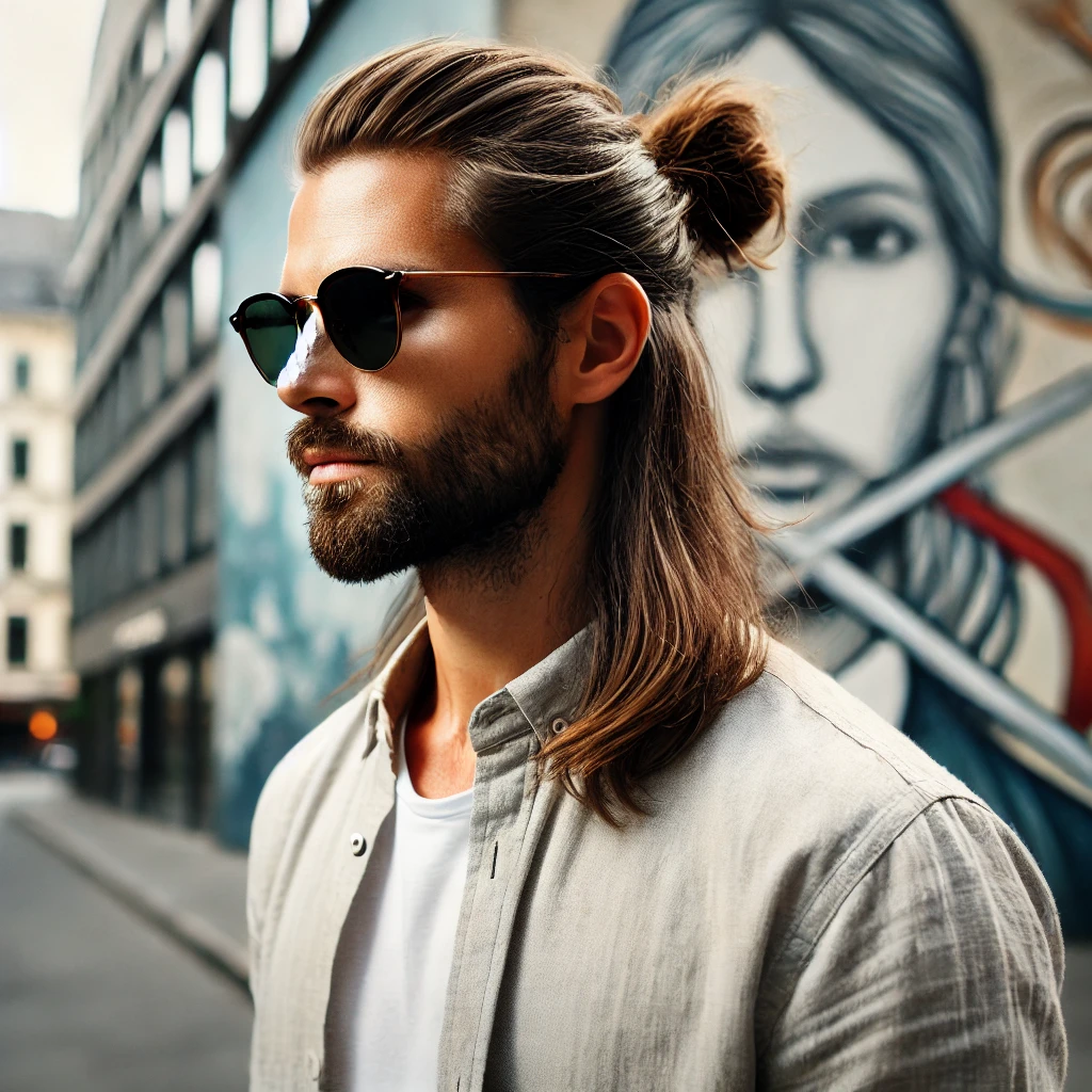 A man with long hair styled in a half-bun, wearing sunglasses and a light button-up shirt, standing in front of an artistic mural.