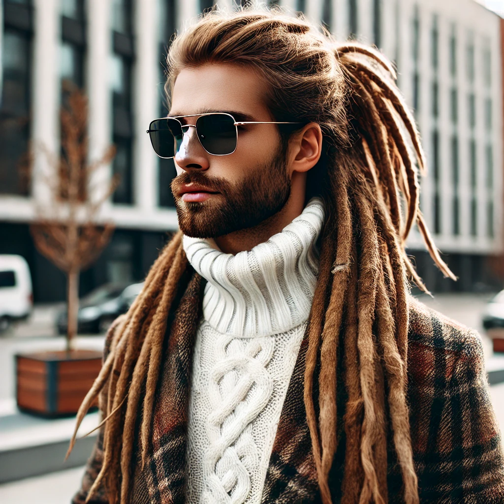 A man with long dreadlocks tied back, wearing sunglasses, a high-neck white sweater, and a plaid wool coat, standing in front of a building in an urban setting.