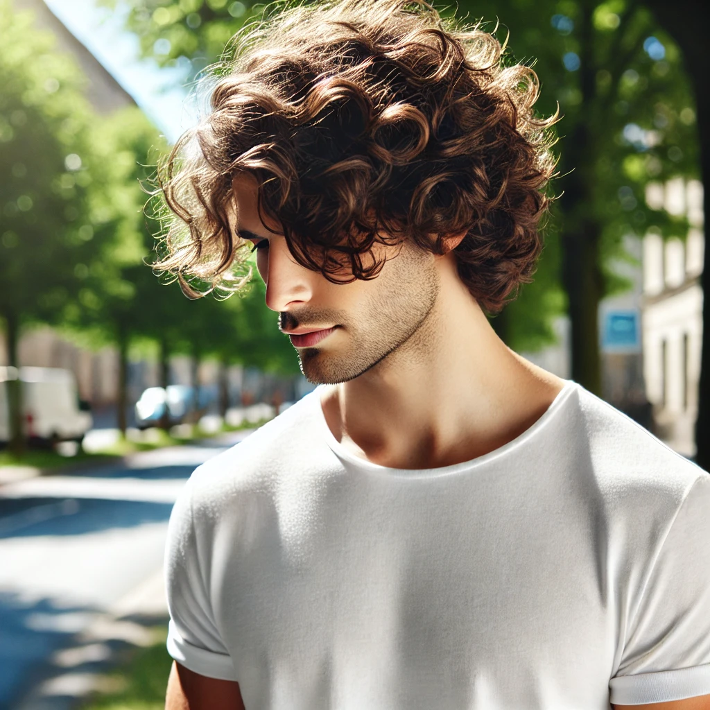 A man with medium-length curly hair wearing a white t-shirt, standing outdoors on a sunlit street with trees in the background.