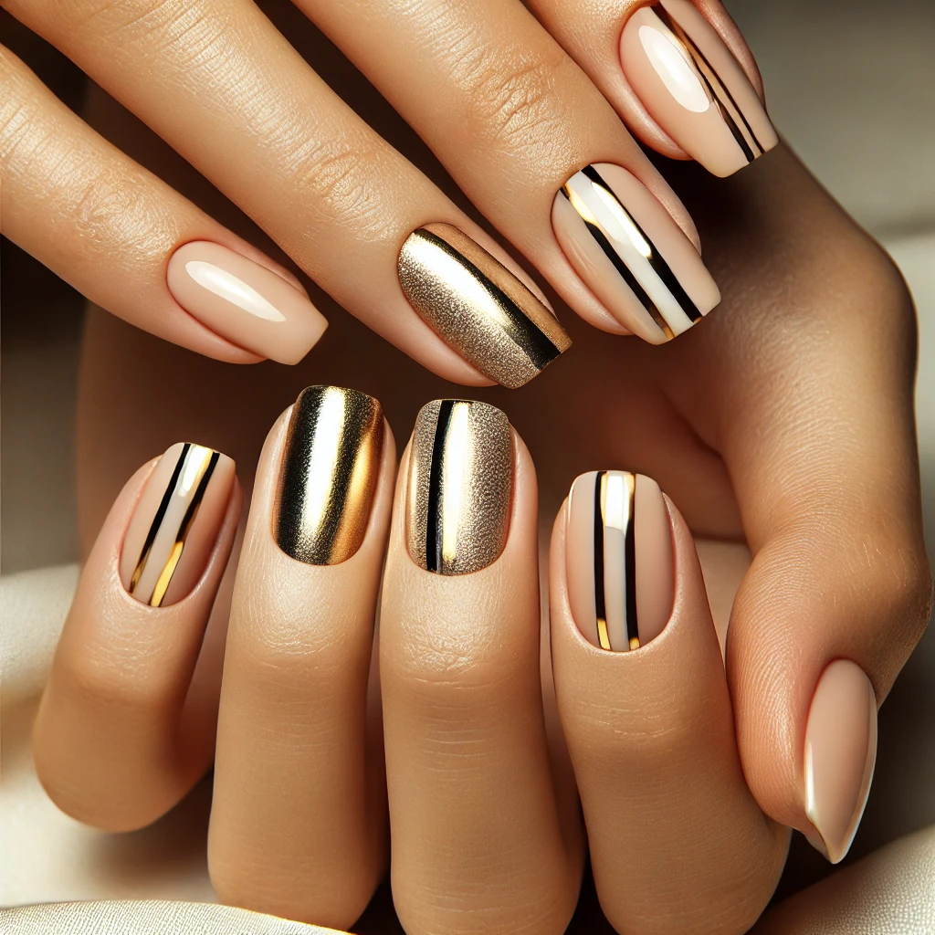 Short nails with metallic gold stripes and negative space design