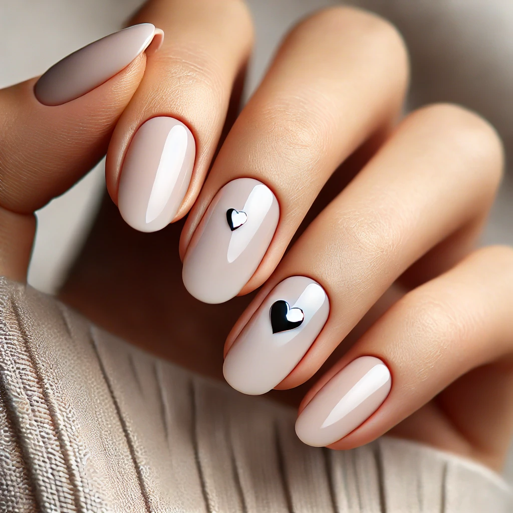 Minimalist heart design on short nails with orange accents