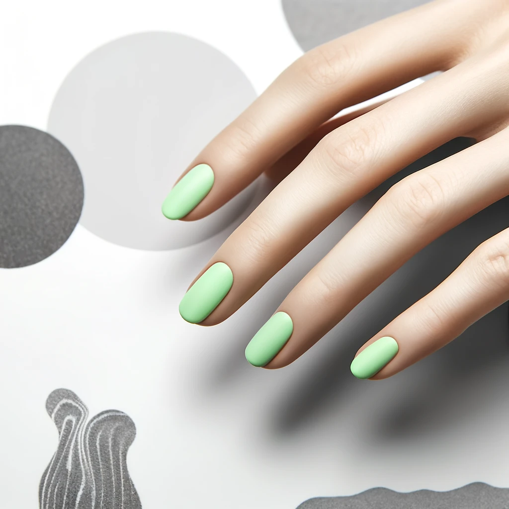 Short nails with pastel green polish, matching with a green shirt sleeve