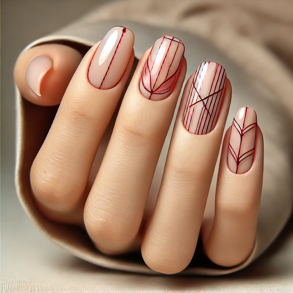 Short red nails with white line drawings of flowers and portraits