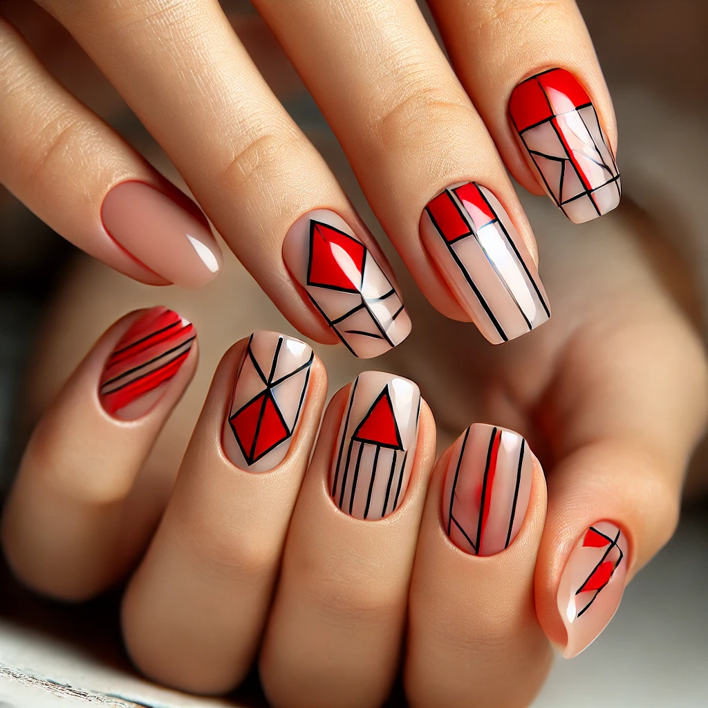 Red negative-space design on short nails, featuring geometric patterns.