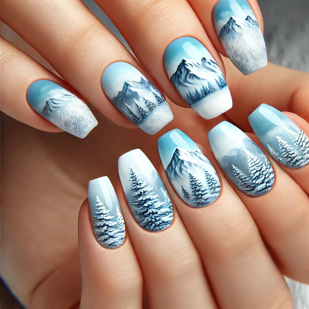 Short nails with icy mountain peak designs in cool colors.