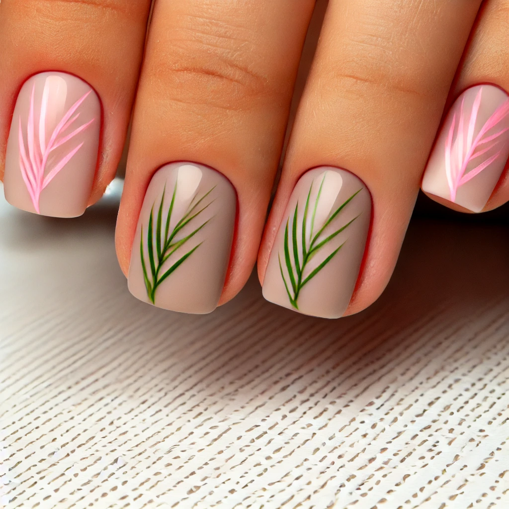 Short Nails with Minimalist Pink and Green Palm Frond Design