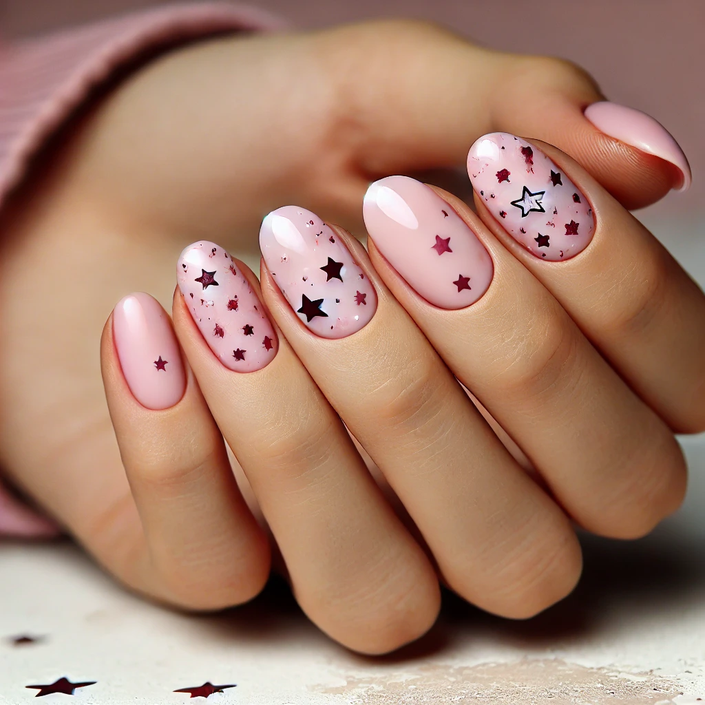 Short pink nails with burgundy stars for a whimsical look