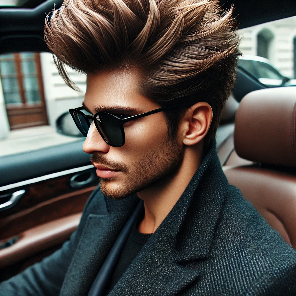 A man with medium-length hair styled in a voluminous quiff, wearing sunglasses and a dark coat, sitting inside a car with a modern, sleek look.