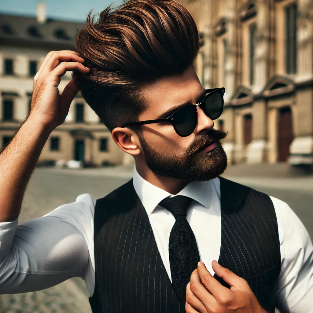 A man with a voluminous quiff hairstyle, wearing sunglasses, a formal white shirt, black tie, and vest, adjusting his hair while standing outdoors in an urban setting.