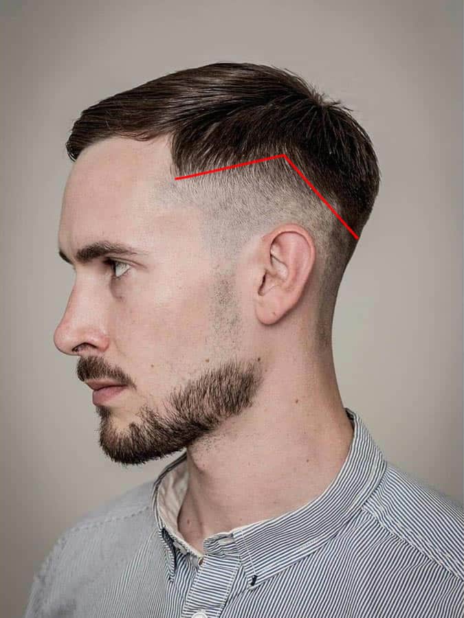 Side profile of a man with a sharp drop fade haircut featuring short hair on top and a neatly groomed beard.