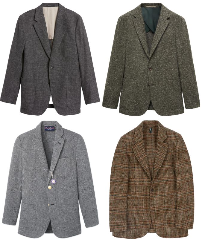 Four textured men's blazers in various earthy tones and patterns, including gray, green, light gray, and brown plaid, showcasing classic fall and winter styles