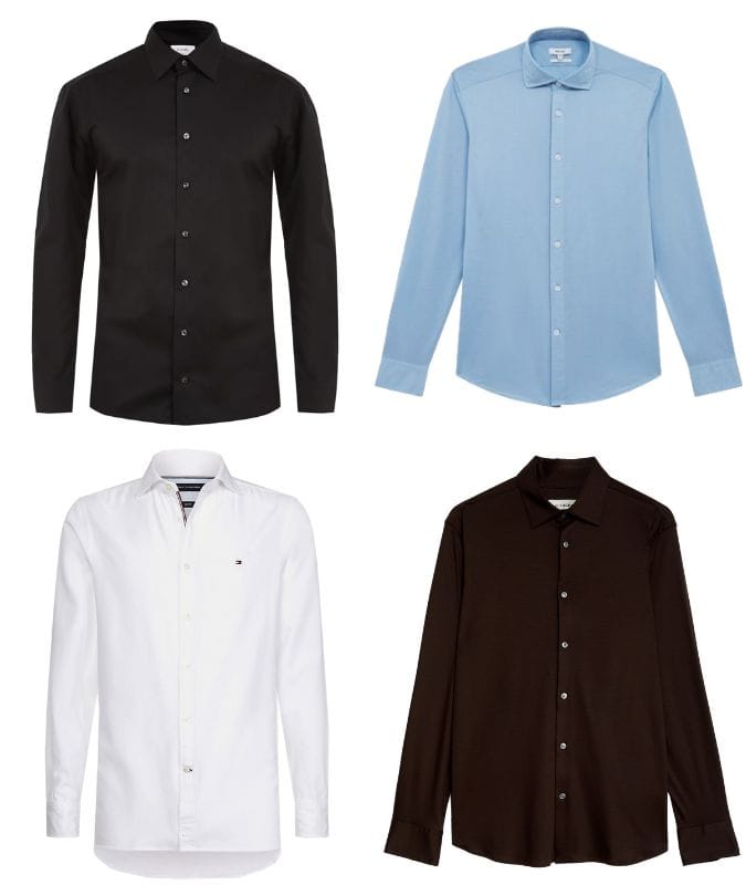 Four classic men's dress shirts in black, light blue, white, and dark brown, ideal for versatile, polished styling