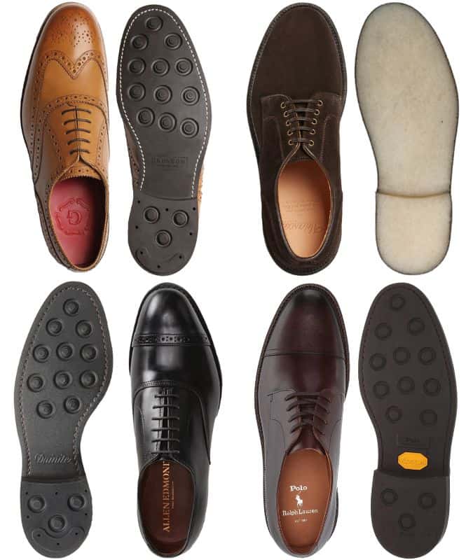 Four pairs of men’s dress shoes in tan, brown suede, black, and dark brown leather, showcasing different styles and sole types