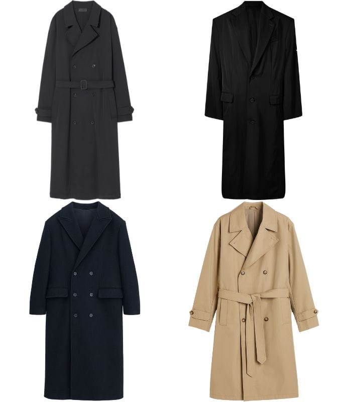 Four men's overcoats in black, dark gray, navy, and beige, showcasing timeless styles suitable for various seasons and occasions