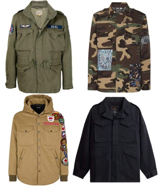 Collection of four grunge military-style jackets in various colors and designs, including camo, patched, and quilted styles