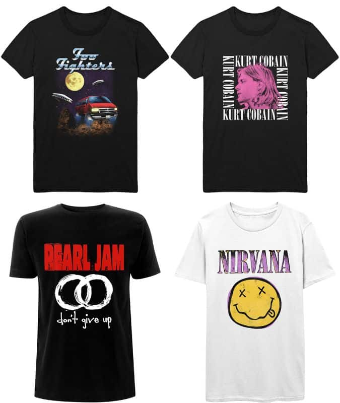 Collection of four grunge band t-shirts featuring designs of Nirvana, Pearl Jam, Foo Fighters, and Kurt Cobain