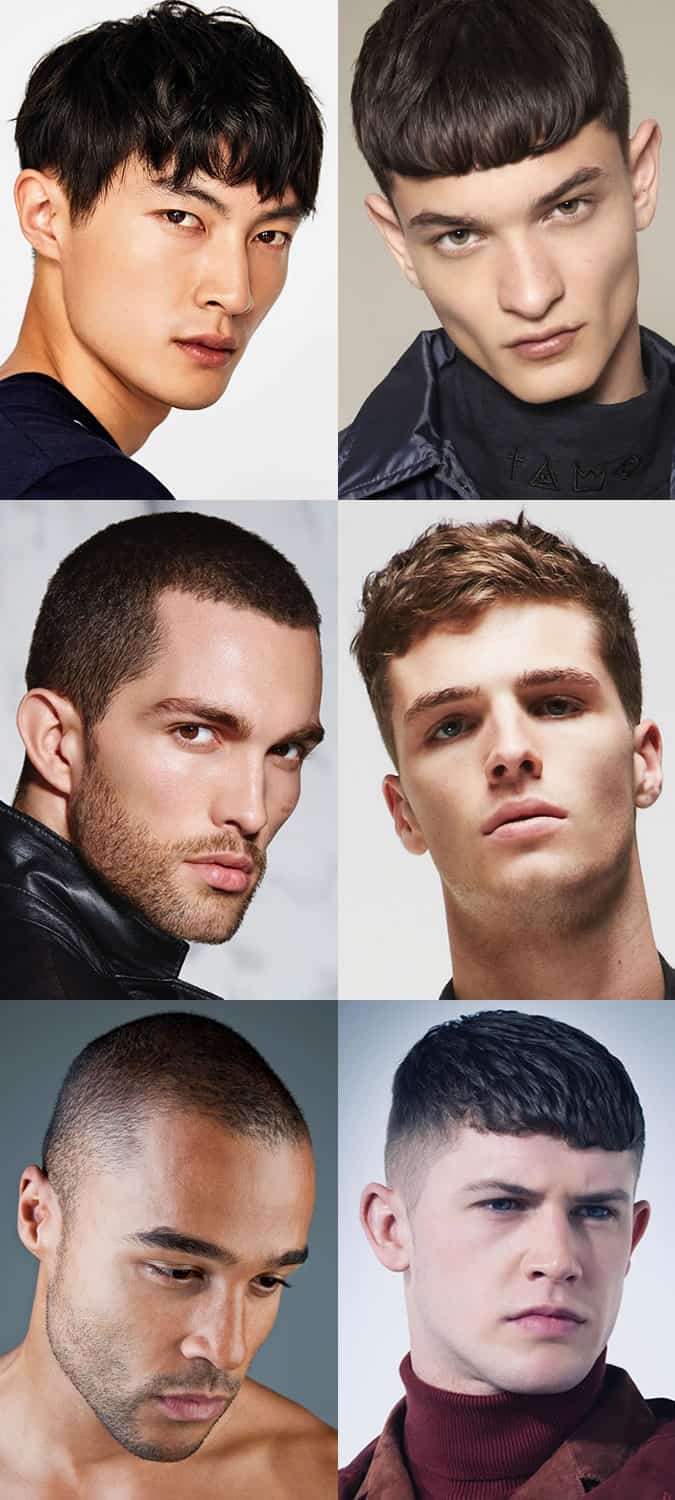 Men's hairstyles for thick, wavy, and curly hair - Caesar fringe, buzz cut, textured crop, and short quiff styles