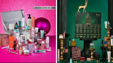 Sephora/Harrods Side by side pictures with the Sephora advent calendar on the left with the box open and all the items on display against a pink background, and the Harrods advent calendar on the right with the closed box on a stand and all the items laid out around it against a green background