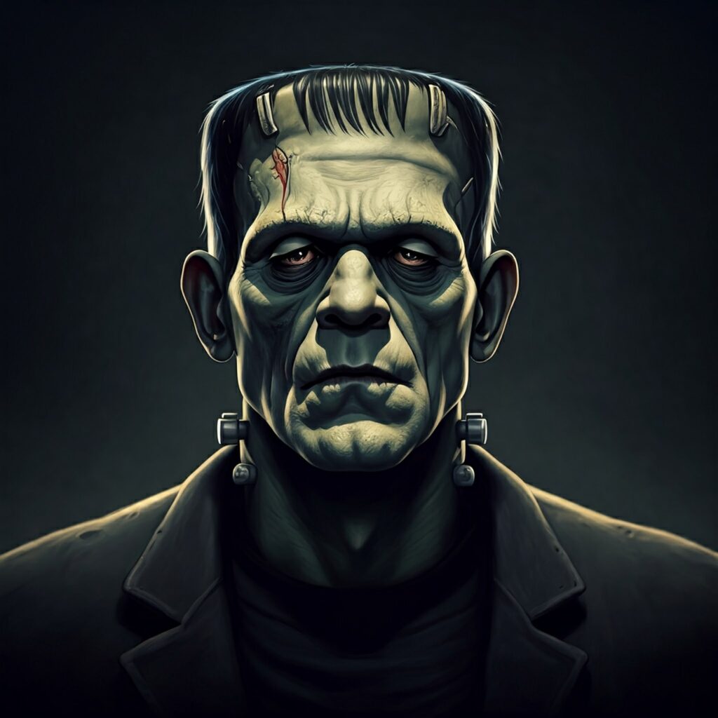 Frankenstein's Monster with his distinct square forehead and bolts on his neck