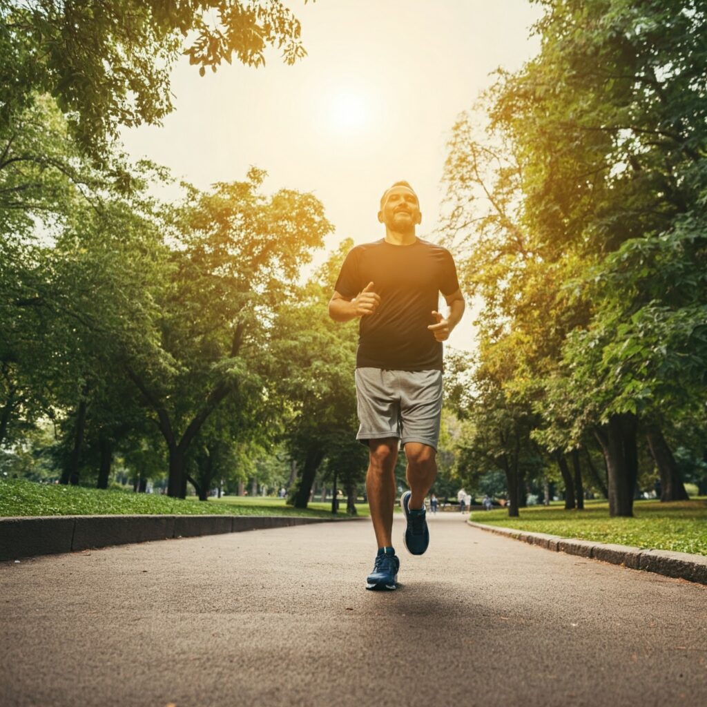 Morning jog in the park as part of a digital detox for physical health