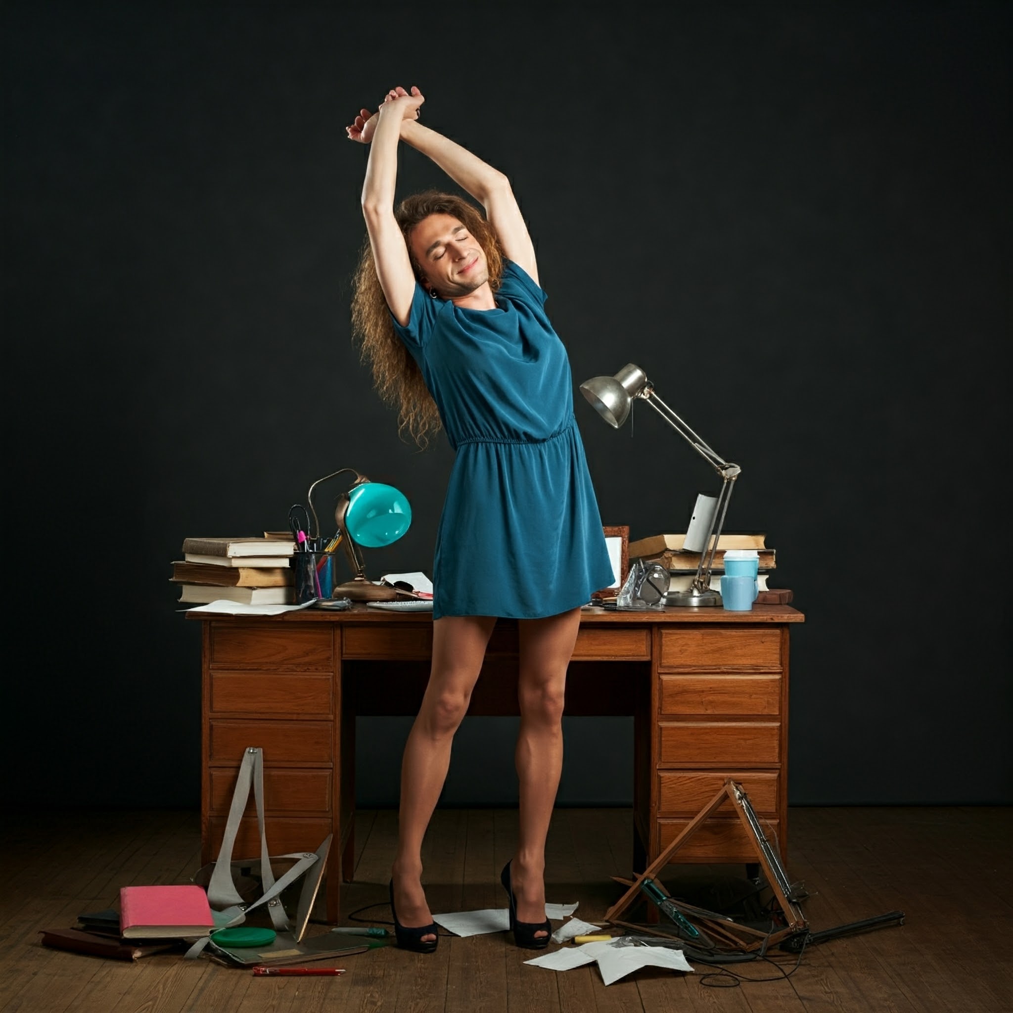 A person standing at a desk, stretching