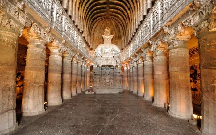 View of Cave 26 a late chaitya hall with a stupa