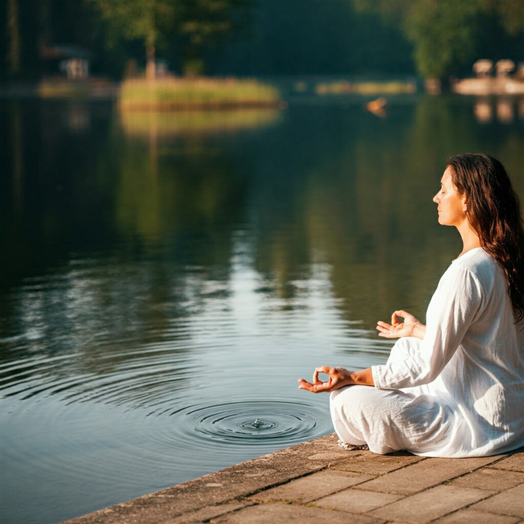 Person meditating by a lake during a digital detox for mental clarity