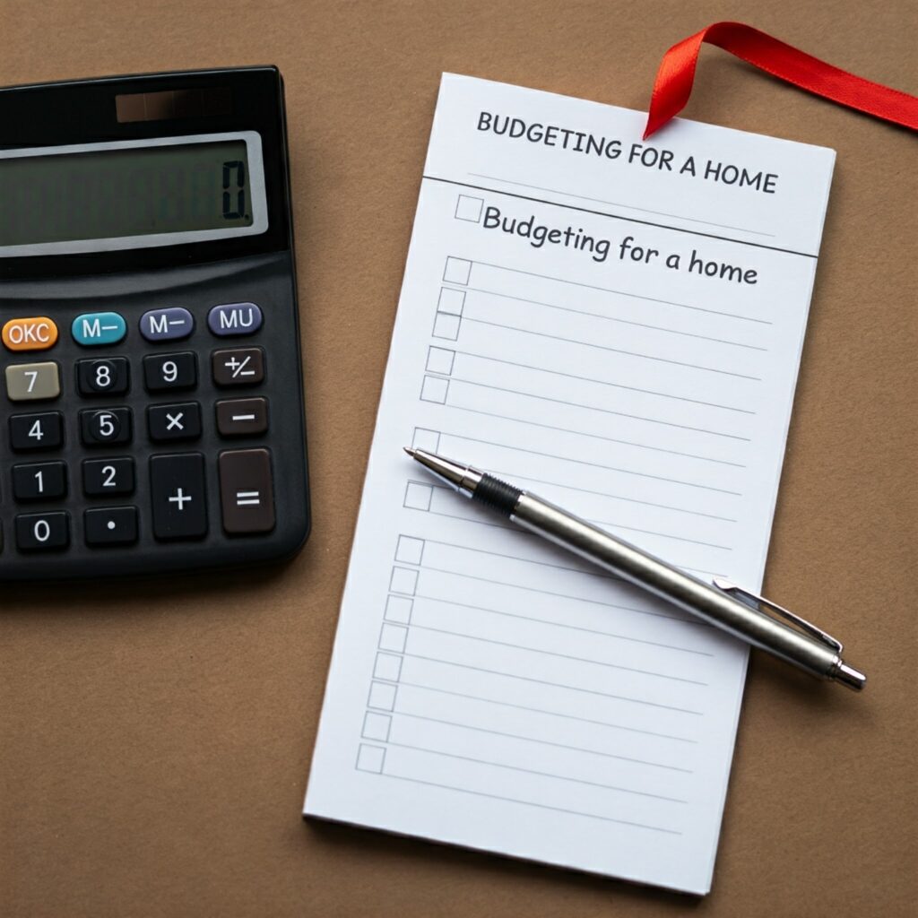 A calculator, notepad, and checklist for budgeting a home