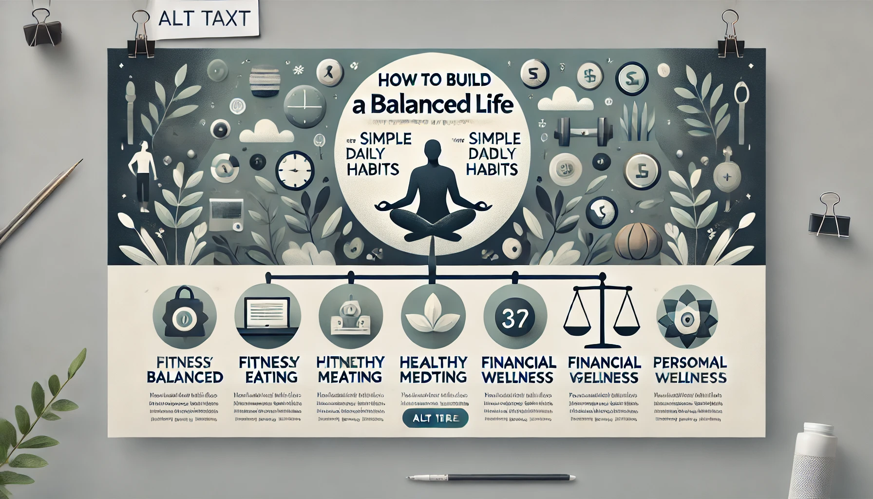 Banner for article on building a balanced life with simple daily habits, featuring icons for fitness, meditation, healthy eating, financial wellness, and personal growth