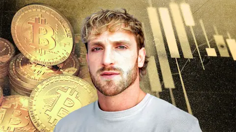 Getty Images Image of Logan Paul, unshaven and wearing a white sweatshirt, superimposed onto images of cryptocurrency - on the left side of the frame, a collection of generic gold bitcoins with a B symbol; on the right, a computer screen showing a graph, presumably describing fluctuating value