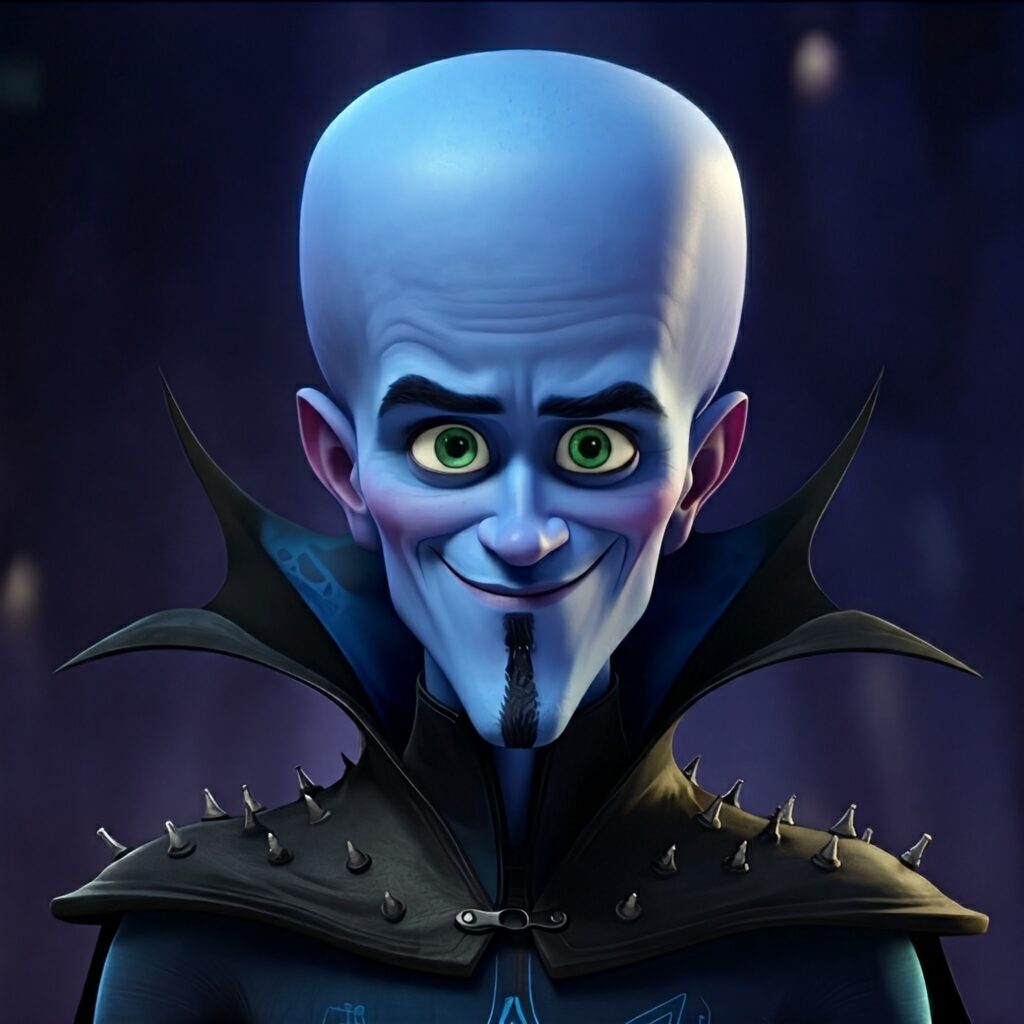 Megamind with his iconic large blue forehead and mischievous grin