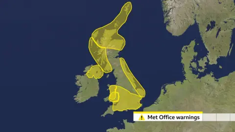 A BBC map showing areas of the UK under yellow weather warning. Northern Ireland, western and northern Scotland along with eastern, southern and central areas of England and eastern parts of Wales. 