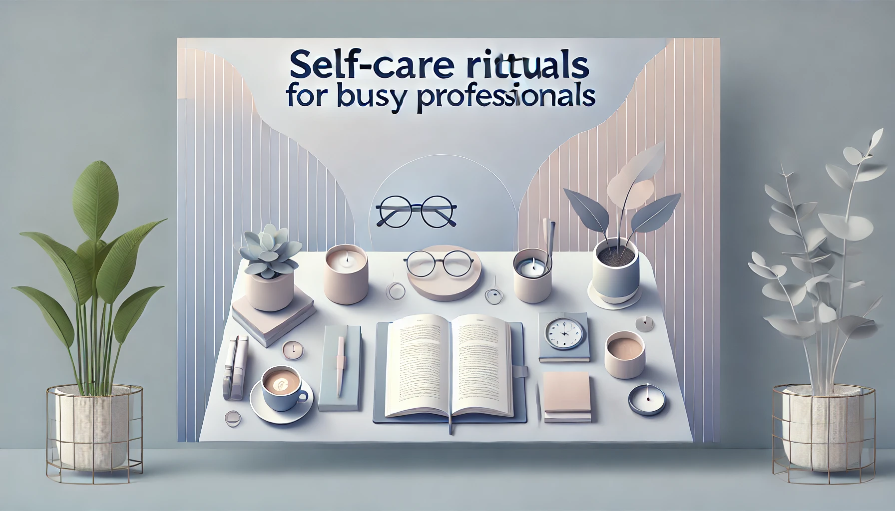 Calming workspace setup with a coffee cup, journal, potted plant, and glasses on a desk, representing self-care for busy professionals