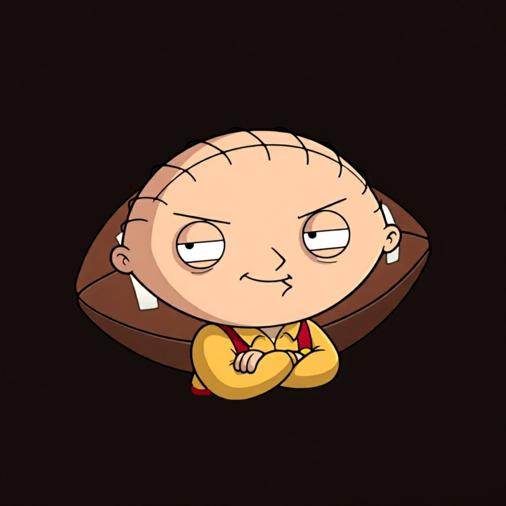 Stewie Griffin from Family Guy with his football-shaped head and mischievous expression