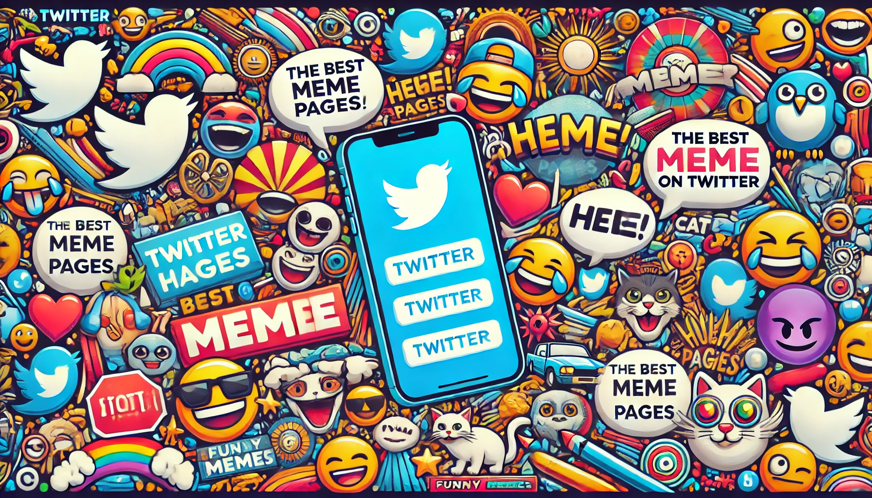 Colorful banner featuring Twitter icons, viral memes, emojis, and humorous graphics for an article about the best meme pages on Twitter