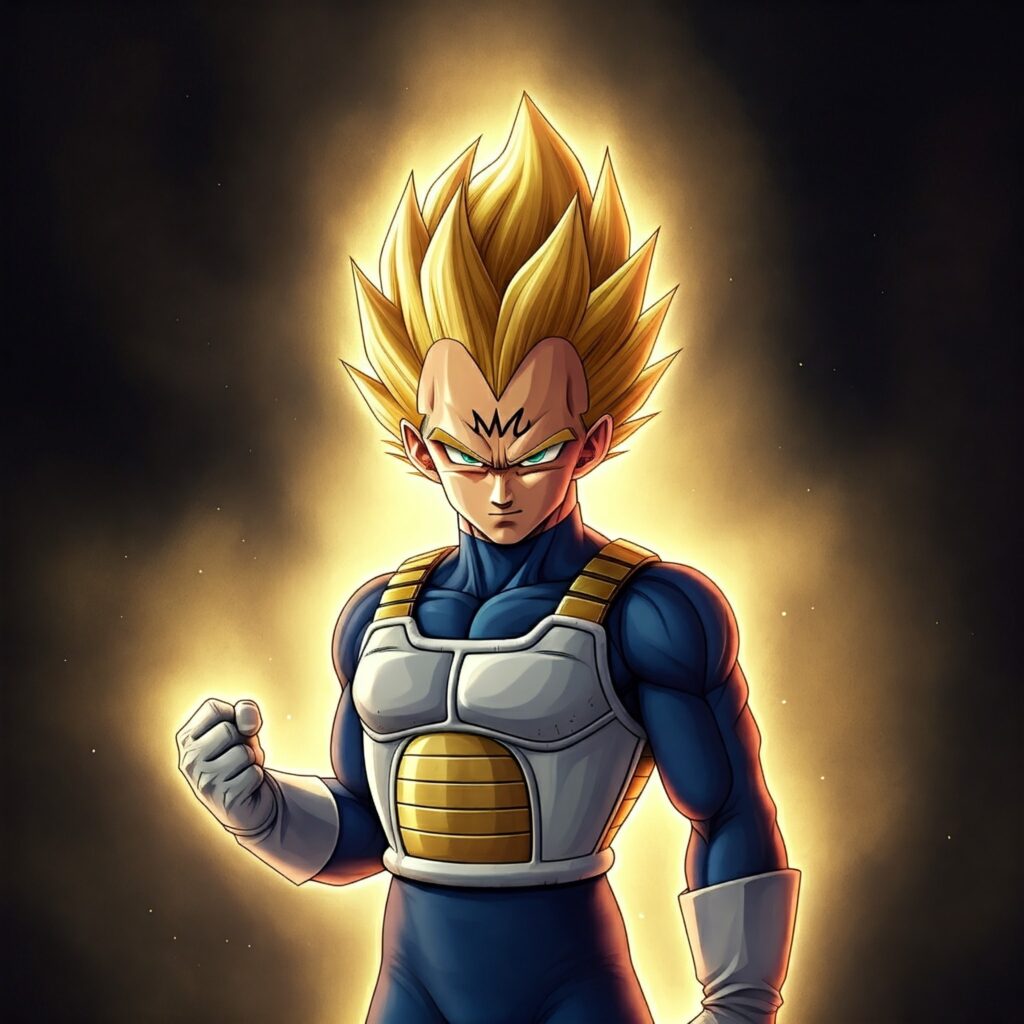 Vegeta from Dragon Ball Z, with his iconic widow’s peak and determined expression.