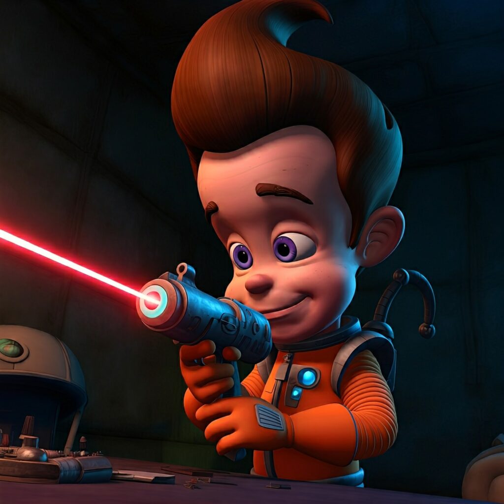 Jimmy Neutron working in his lab, showcasing his iconic big forehead