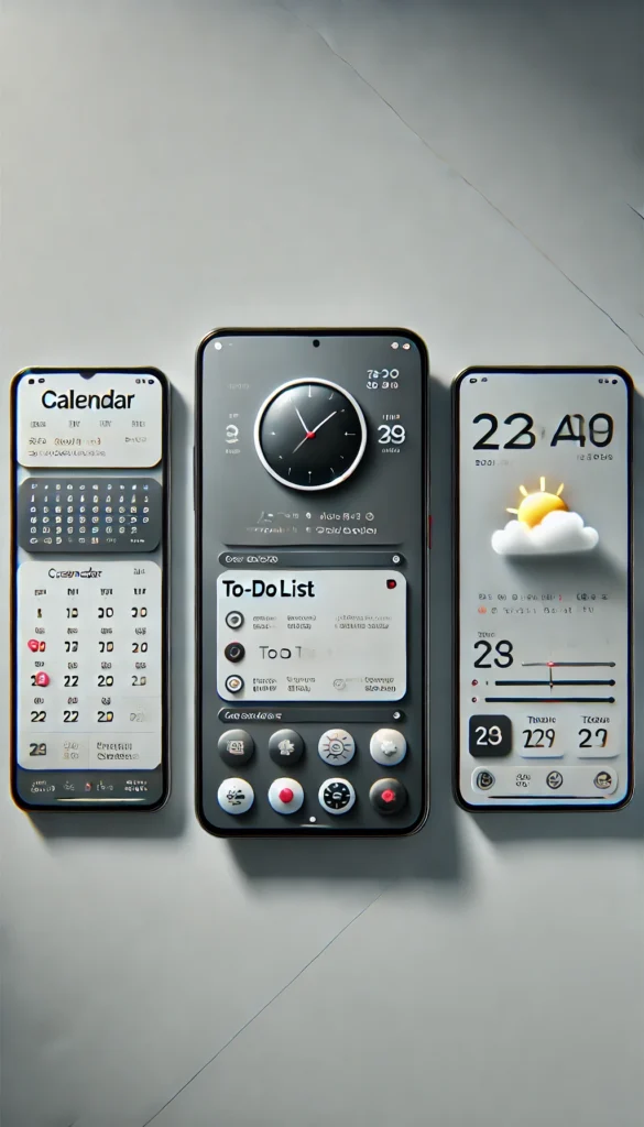 smartphone home screen featuring productivity-focused widgets