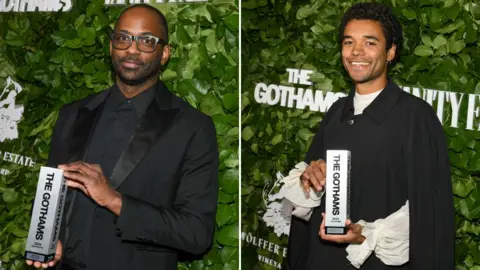 Getty Images Director RaMell Ross and actor Brandon Wilson pose with the Best Director and Breakthrough Performer awards respectively for "Nickel Boys" at the 34th Annual Gotham Awards held at Cipriani Wall Street on December 02, 2024 in New York