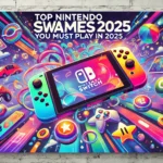 Vibrant banner for 'Top Nintendo Switch Games 2025', featuring a handheld gaming console, colorful controllers, coins, stars, and glowing geometric shapes on a dynamic background