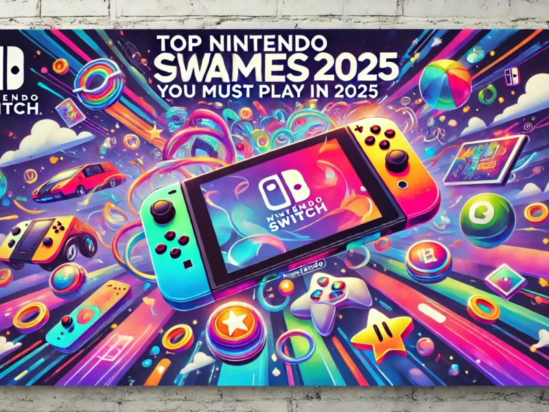 Vibrant banner for 'Top Nintendo Switch Games 2025', featuring a handheld gaming console, colorful controllers, coins, stars, and glowing geometric shapes on a dynamic background