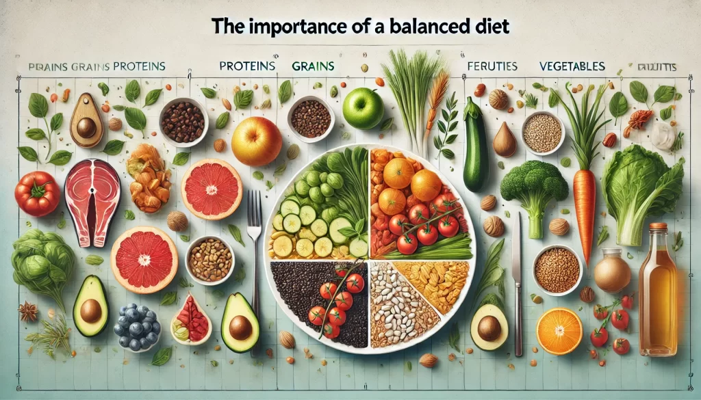 A vibrant banner showcasing a balanced diet with fruits, vegetables, whole grains, lean proteins, and healthy fats, arranged in a modern plate model with sections